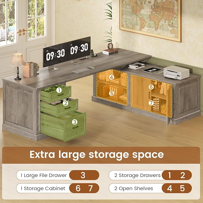 SEDETA Farmhouse L Shaped Desk with Drawers, 70.9" Home Office Desk with Storage Cabinet and Storage Shelves, L Shaped Computer Desk with Power Outlet，Gray