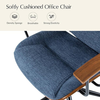HULALA HOME Solid Wood Office Chair with Rocking Function, Comfy Fabric Desk Chair with Bent Wood and Metal Base, Height Adjustable Swivel Computer Task Chair, Navy