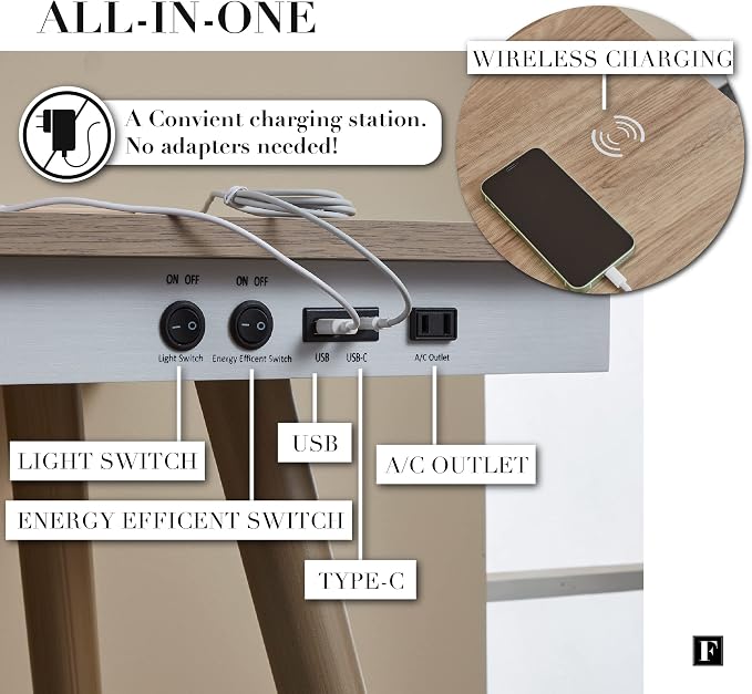 FENLO Future 39" Mid Century Desk for Home Office, Office Table with USB Charging Station, Mid Century Modern Desk with Wireless Charging, USB, and USB-C Ports