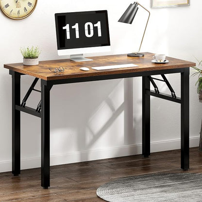 Need 39.4 Inch Folding Desk for Small Spaces, Home Office Computer Desk with Rustic Brown Tabletop & Black Metal Frame, Foldable Writing Table for Study, Bedroom, Dorm Room & Student