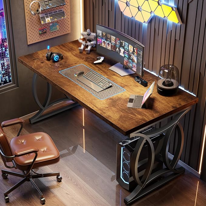 HSH Rustic Home Office Desk, 55 Inch Metal Wood Computer Desk, Simple Industrial Study Executive Desk for Work Writing, Modern Student Gaming Computer PC Table Bedroom, Rustic Brown