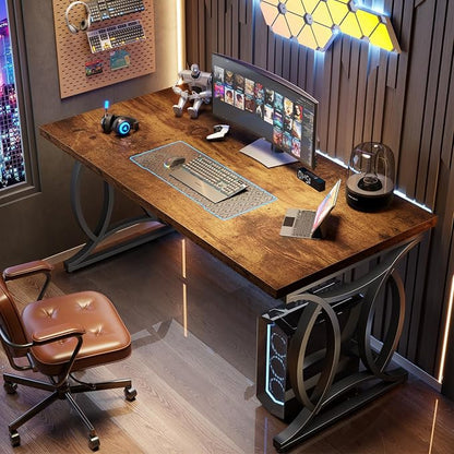 HSH Rustic Home Office Desk, 55 Inch Metal Wood Computer Desk, Simple Industrial Study Executive Desk for Work Writing, Modern Student Gaming Computer PC Table Bedroom, Rustic Brown
