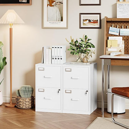PEUKC 2 Drawer File Cabinet with Lock, 25.4" High Vertical Filing Cabinet, 17.7" Deep Metal Storage Cabinets for Home Office, Letter/Legal/A4/F4 Size, White(Assemble Required)