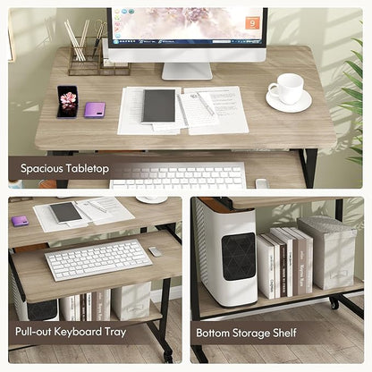 Tangkula Rolling Computer Desk Cart with Keyboard Tray, Mobile Portable Laptop PC Desk with CPU Stand & 3 Hooks for Sofa & Bed, Compact Small Desk on Wheels for Small Spaces (Grey)