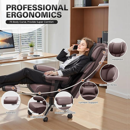 BestGlory Office Desk Chair, Big and Tall Leather Gaming Chair with Footrest, Wide Ergonomic Comfy Executive High-Back Reclining Computer Chairs, Swivel Rolling Wheels and Padded Lumbar Support,Coffee