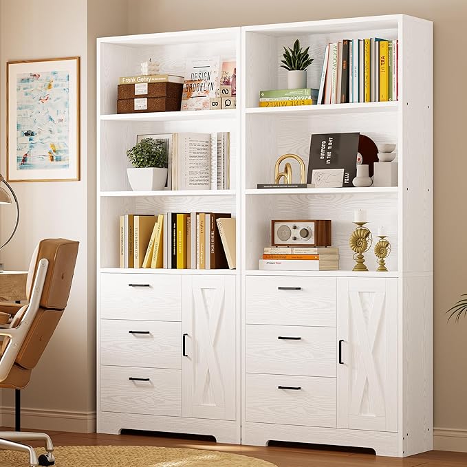 IRONCK Bookshelf with Doors and 3 Drawers 71 in Tall Bookcase with 3-Tier Shelves, Industrial Book Shelf with Storage for Living Room Entrance Hallway Home Office, White