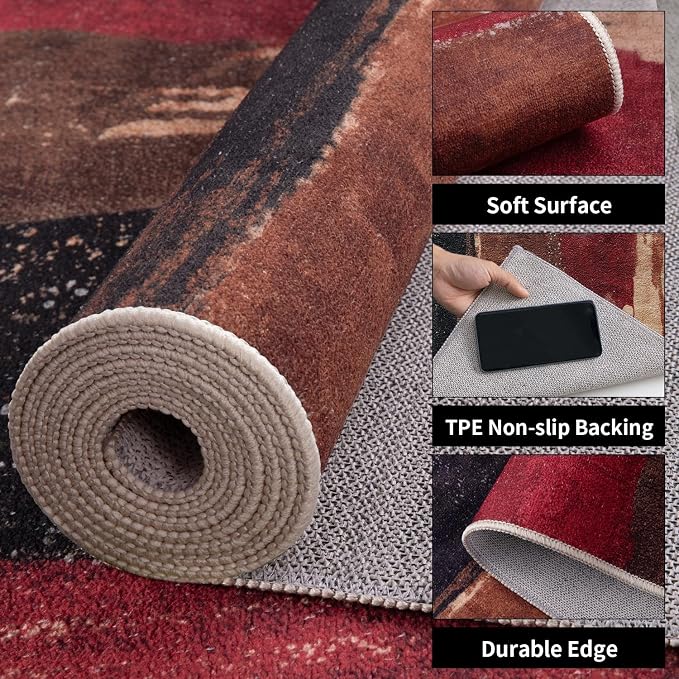 Ciicool Modern Abstract Area Rug 2x3 Washable Small Entryway Rugs,Red Black Non-Slip Low Pile Throw Entry Rug, Foldable Kitchen Bathroom Rugs Floor Carpet for Entrance Bedroom Indoor Doormat