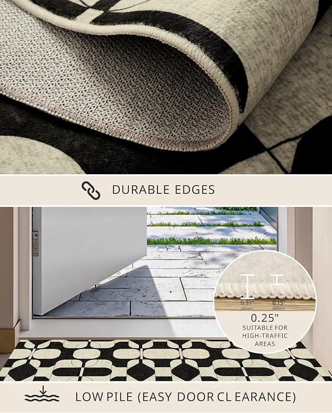 Latte&Fog 6x9 Area Rugs for Living Room Bedroom, Black Vintage Washable Rug, Boho Non Slip Low Pile Carpet for Indoor Dining Room, Dorm, Classroom,College Dorm,Farmhouse and Home Office - Black Beige