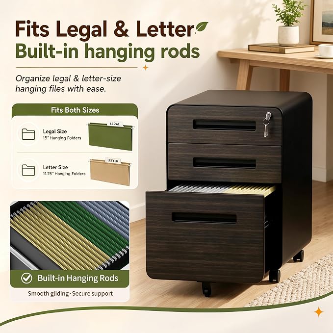SAWJEC 3 Drawer File Cabinet with Lock, Rolling Printer Stand Under Desk, Fully Assembled Mobile Filing Cabinet fits Legal/Letter Size, Black Home Office Storage, 18" D x 167" W x 23" H