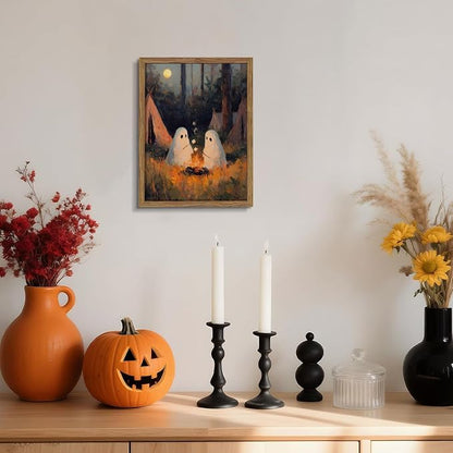 Framed Vintage Halloween Wall Art, Camping Ghosts Cozy Fireplace Canvas Prints, Gothic Whimsigoth Decor Cute Spooky Poster, Farmhouse Halloween Wall Decor, Ready to Hang 12x16in Wood Frame
