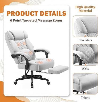 Shahoo Massage Office Chair with Heat & 6 Vibration Points, 400LBS Big and Tall Office Chair with Foot Rest, High Back Ergonomic Reclining Executive Desk Chair for Home Office Desk, PU Leather, Grey