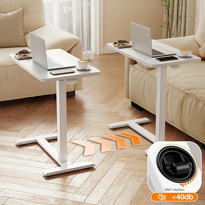 ROMOON Overbed Bedside Table with Wheels, Rolling Adjustable Hospital Bed Table, Mobile Standing Desk & Laptop Cart with Sturdy Frame for Couch, Home Office and Small Space (27.6" W x 15.7" D, White)