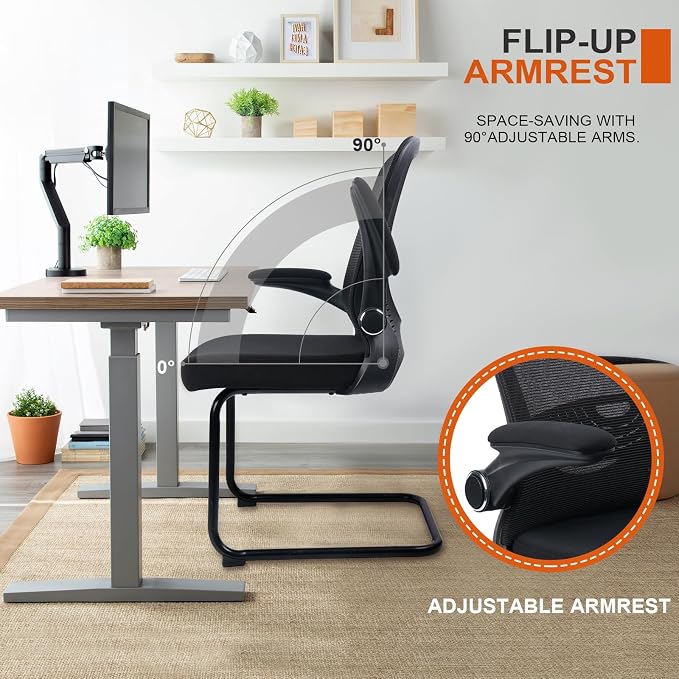 CLATINA Waiting Room Chairs with Flip Up Arms and Adjustable Lumbar Support, Office Guest Chairs & Reception Chair for Conference Room, Breathable Mesh Black Desk Chair No Wheels for Elderly