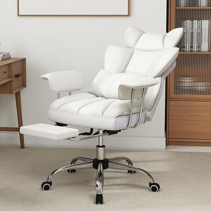 COSTWAY 400 LBS Big and Tall Office Chair, PU Leather Executive Desk Chair w/Retractable Footrest, Reclining Function, Lumbar Support, Ergonomic High Back Home Computer Task Chair, White