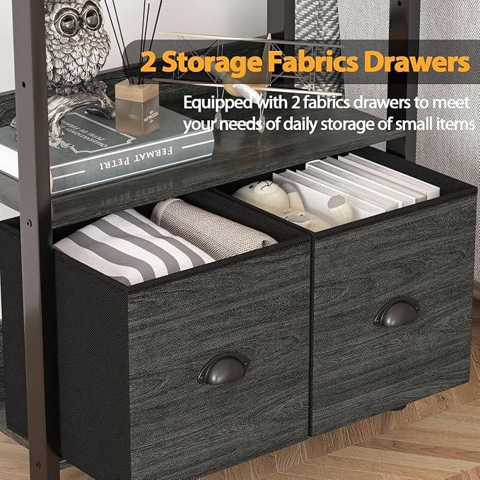 Furologee 6-Tier Bookshelf Set of 2, Tall Bookcase with 2 Drawers and Shelves, Industrial Display Free Standing Shelf Units, Storage Rack Organizer for Bedroom, Living Room, Home Office, Black Oak