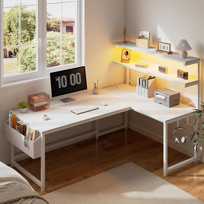 DurayLoly L Shaped Desk Computer Desk with LED Light & Power Outlet, 43.3 Inch Reversible White Desk with Shelf & Storage Bag & Hook for Home Office, White