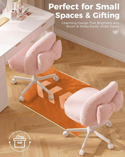 GTPLAYER Velvet Tall Office Chair with Wheels Vanity Chairs with Back, Versatile Height Use: Office to Bar Stools Small Ergonomic Comfy Armlees Computer Desk Chair with Bow Lumbar Pillow for Gift