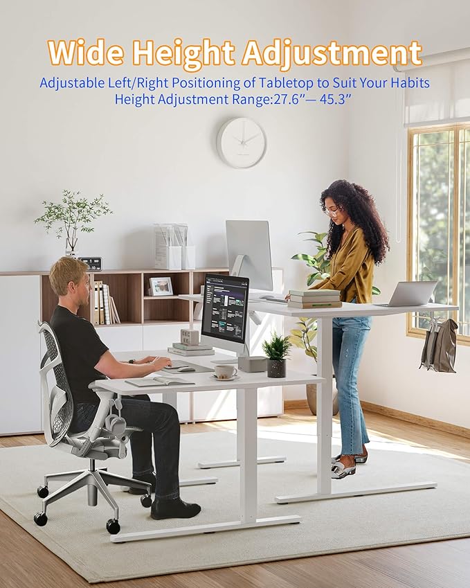 YIHAYO Reversiable L-Shaped Electric Standing Desk, 55 Inches Adjustable Height Corner Desk, Sit and Stand Up for Work Office Home, Computer Table with Splice Board, White