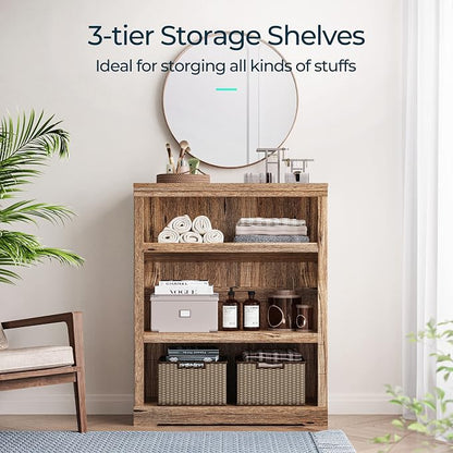 LINSY HOME 3-Tier Bookshelf Display Storage Shelves Farmhouse Bookshelf for Home Office, Living Room, Bed Room - Dark Brown