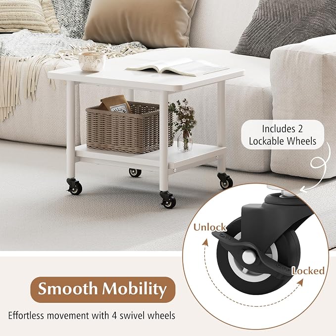 GOFLAME Under Desk Printer Stand, 2-Tier Mobile Printer Table with Storage Shelf, Metal Frame, Rolling Printer Cart Holder Storage Rack with Lockable Wheels for Home Office, White