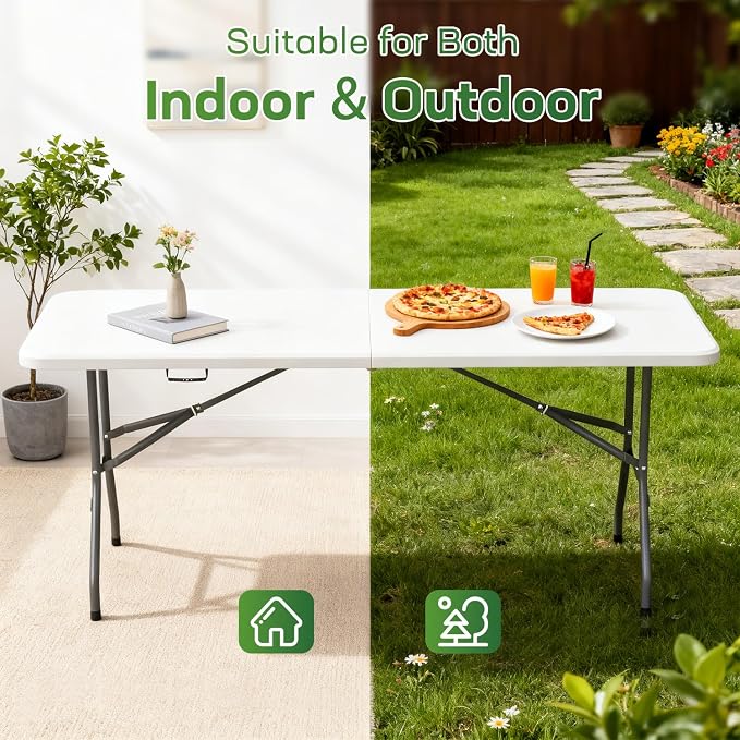 FDW 6 FT Folding Table, Portable Plastic Table with Carrying Handle Perfect for Indoor, Outdoor, Party, Dining, Wedding, Events, Camping, White