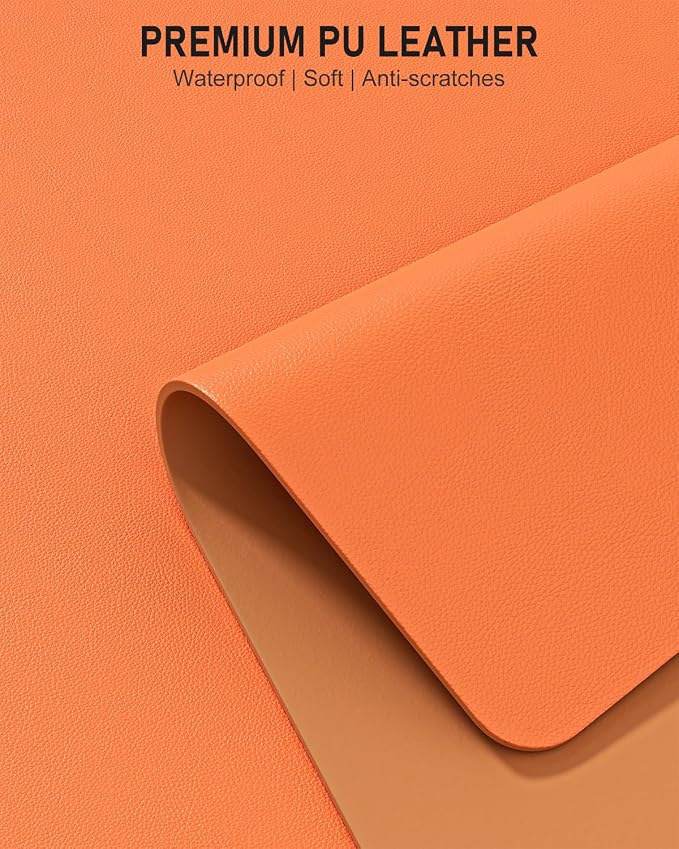 Desk Pad, 23.6" x 13.8" PU Leather Non-Slip Desk Mat Large Mouse Pad for Desktop, Waterproof Laptop Computer Writing Mat for Office, Home, Work, Gaming, Orange
