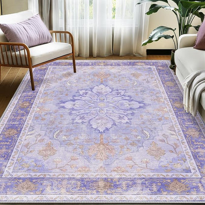 RELEANY Area Rugs 5'x7' Washable Non-Slip, Floral Vintage Distress Medallion Carpet for Living Room Bedroom Dining Room, Light Purple Brown