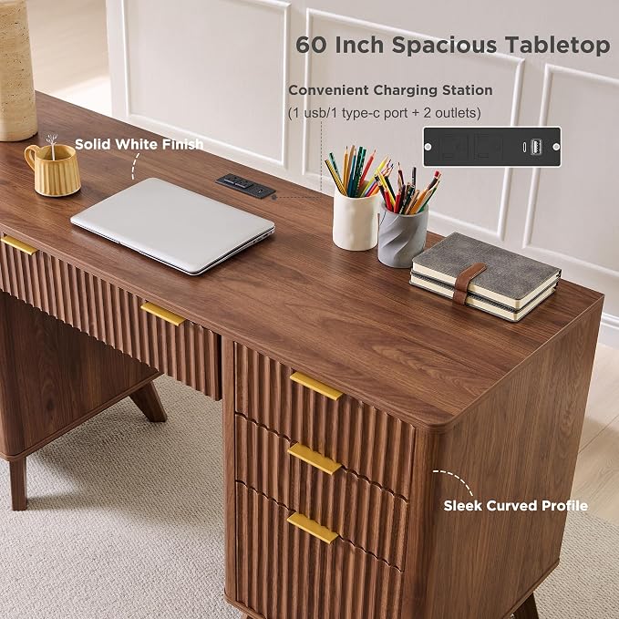 T4TREAM Fluted Executive Desk with Drawers, 60" Modern Home Office Computer Desk with Charging Station, File Cabinet, Keyboard Tray and Storage Cabinet for Study, Living Room, Bedroom, Light Walnut