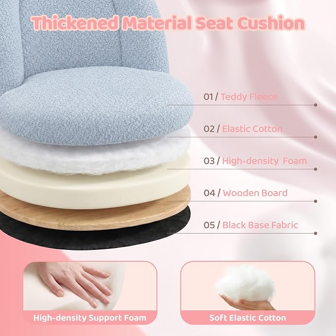 DurayLoly Cute Vanity Chair with Wheels, Ultra-Soft Teddy Fleece Swivel Desk Chair with Adjustable Height for Teens & Adults, Ideal for Bedroom, Vanity Table & Dorm, Poetic Blue
