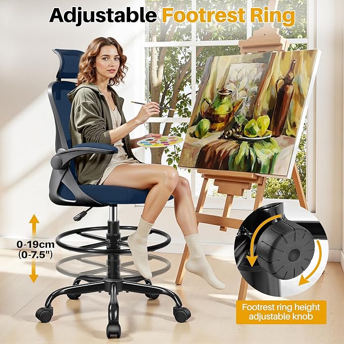 Drafting Chair, Tall Office Chair for Standing Desk, Ergonomic High Back with Headrest, Lumbar Support, Foot Ring and Flip-up Armrests, Navy Blue
