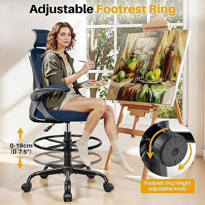 Drafting Chair, Tall Office Chair for Standing Desk, Ergonomic High Back with Headrest, Lumbar Support, Foot Ring and Flip-up Armrests, Navy Blue