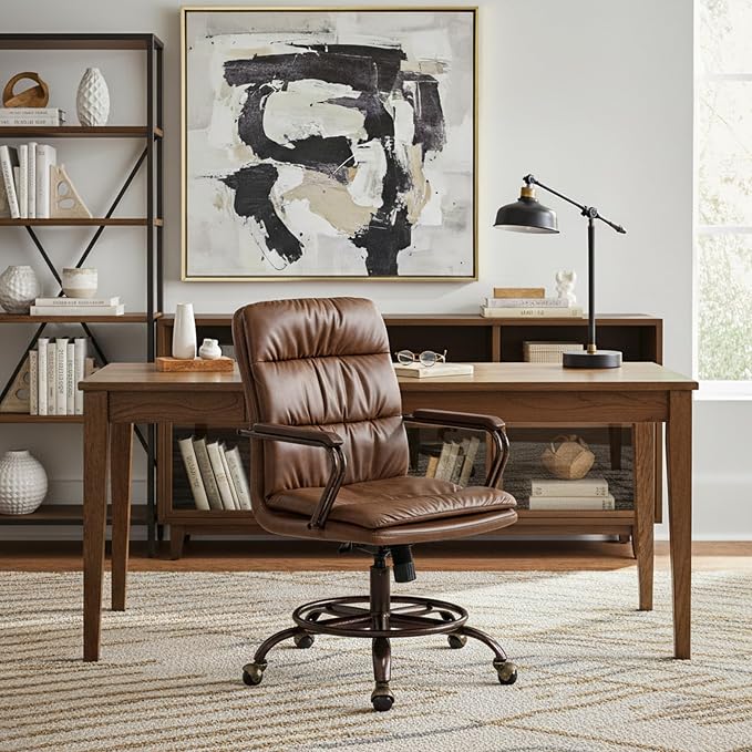 EUREKA ERGONOMIC Mid-Century Vintage Office Chair, Faux Leather Executive Desk Chair with Unique Ball Casters and Fixed Footrest Ring, Brown Retro Swivel Chair for Home Office and Study, Brown