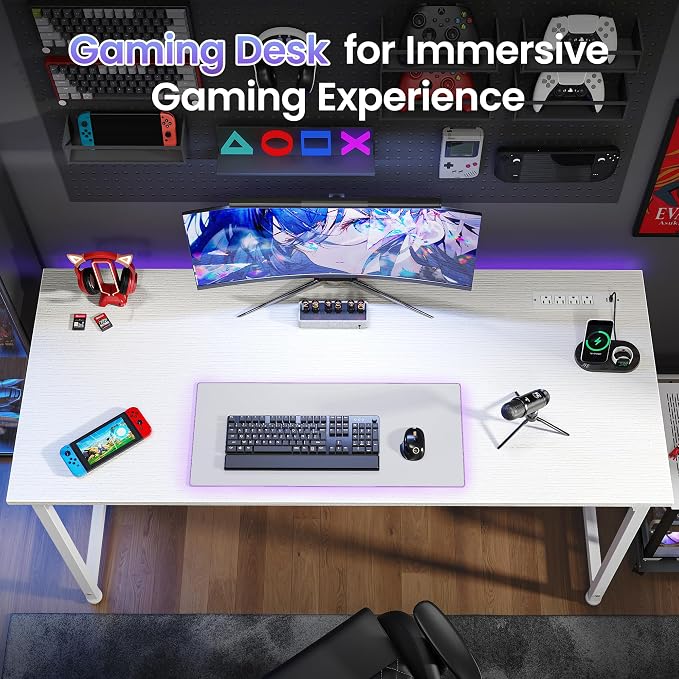 PRAISUN 55 X 20 Inch Office Computer Desk with Power Outlets and USB-C Port, Larger and Longer Gaming Desk, for Home Office, Study, Bedroom, Writing Work from Home Table, Metal Frame, White
