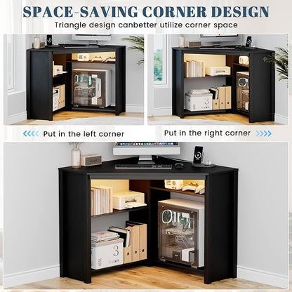 Corner Desk with Charging Station & LED Light, Triangle Corner Desk with CPU Stand & Storage Shelves, Gaming Computer Desk for Home Office -Black