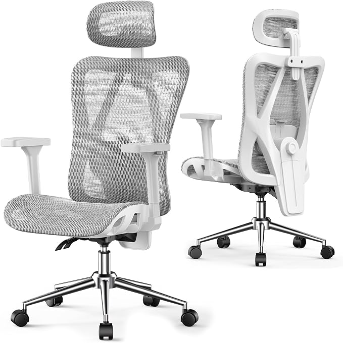 naspaluro Ergonomic Office Chair Mesh Desk Chair with Adjustable Headrest Lumbar Support 3D Armrest 90-135° Reclining Chairs for Home Office, Study, Work & Gaming (Grey)