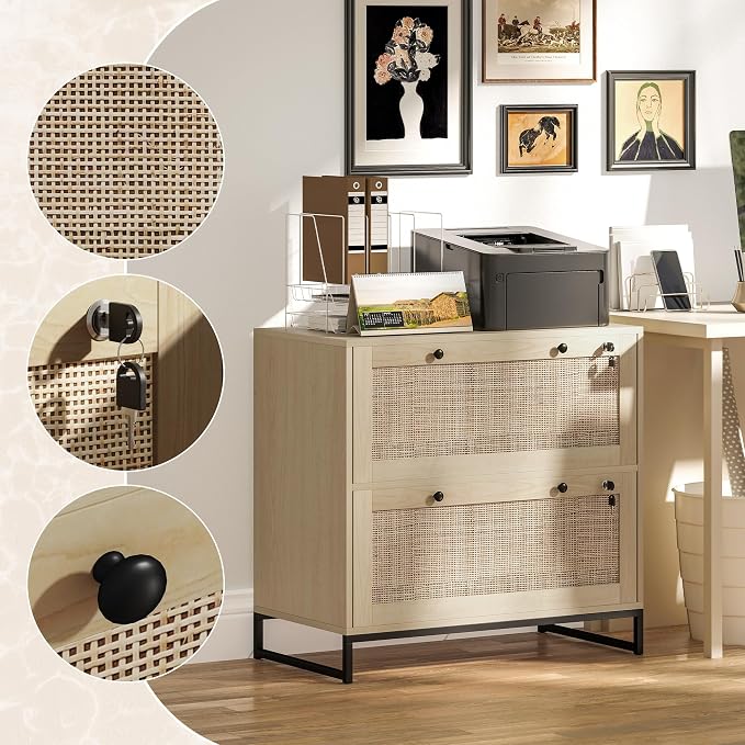 Vinsetto 2 Rattan Drawer File Cabinet with Lock, Lateral Filing Cabinet with Adjustable Hanging Bar for Letter, A4 and Legal Size Files, Printer Stand for Home Office, Natural