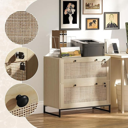 Vinsetto 2 Rattan Drawer File Cabinet with Lock, Lateral Filing Cabinet with Adjustable Hanging Bar for Letter, A4 and Legal Size Files, Printer Stand for Home Office, Natural