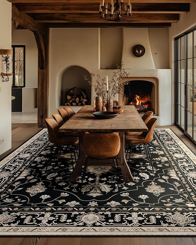 RELEANY Area Rugs Large 10'x14' Washable Non-Slip, Floral Vintage Distress Medallion Carpet for Living Room Bedroom Dining Room, Black Brown Neutral Dark Tan