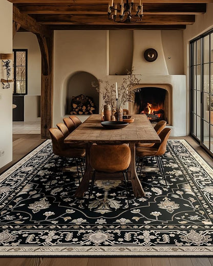 RELEANY Area Rugs Large 10'x14' Washable Non-Slip, Floral Vintage Distress Medallion Carpet for Living Room Bedroom Dining Room, Black Brown Neutral Dark Tan