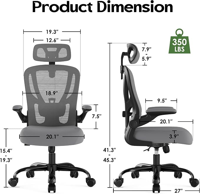 Office Chair Ergonomic Desk Chair - Mesh High Back Office Chair with Headrests Wheels Lumbar Support Home Desk Office Chairs Flip up Armrest Executive Rolling Computer Chair Black Gray 2 Pack
