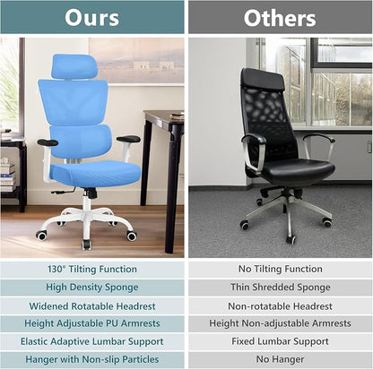 Winrise Office Chair Ergonomic Desk Chair, High Back Gaming Chair, Big and Tall Reclining chair Comfy Home Office Desk Chair Lumbar Support Breathable Mesh Computer Chair Adjustable Armrests(Sky Blue)