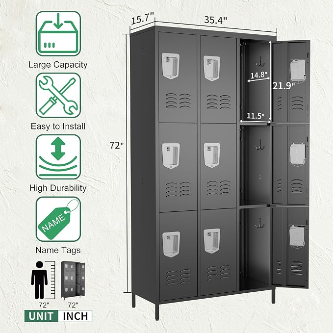 9 Door Metal Lockers for Employees,9 Heavy-Duty Hooks,72" Secure Storage for Home,Offices,Schools & Gyms | Black