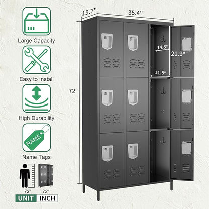 9 Door Metal Lockers for Employees,9 Heavy-Duty Hooks,72" Secure Storage for Home,Offices,Schools & Gyms | Black