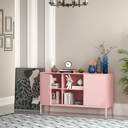 Steehoom Metal TV Stand with Doors and Shelves Modern Metal Storage Cabinet Coffee Bar 2 Door Locker for Office Living Room Kitchen (Pink, 47.24" D x 13.78" W x 29.53" H)