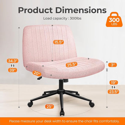NEO CHAIR Criss Cross Chair with Wheels Armless Cross Legged Office Desk Wide Comfy Vanity Makeup Chair Adjustable Swivel Rolling Computer for Home Office Fabric (Pink)