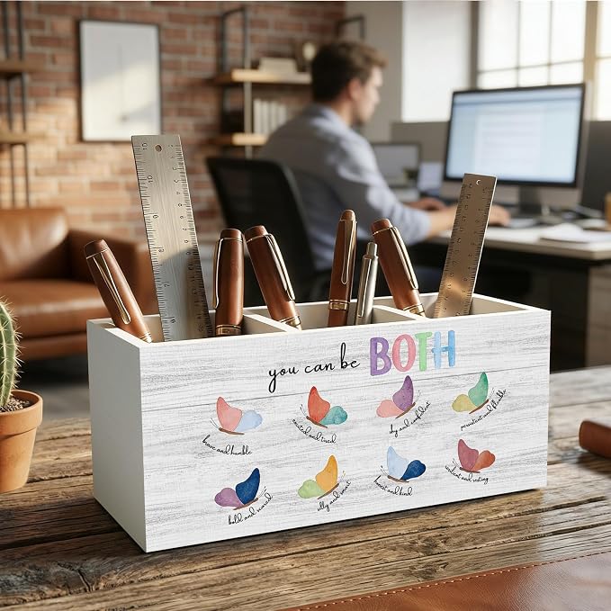 Mental Health Office Therapy Pencil Pen Holder for Desk Organizer, Boho Therapy Office Decor, Motivational You Can Be Both Wooden Box Decorations for Home Classroom Desk Tabletop Decor