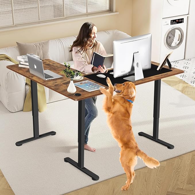 63” L Shaped Standing Desk,Electric Height Adjustable Corner Stand Up Desk, Ergonomic Sit Stand Home Office Computer Desk with Splice Board (Brown)