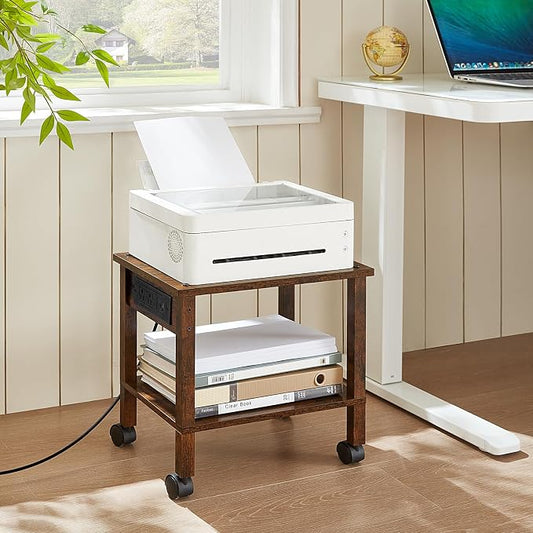 YUFAM 2 Tier Under Desk Printer Stand with Storage, Small Printer Table with Charging Station, Rolling Printer Cart Shelf with Lockable Wheels for Home, Office (Brown)