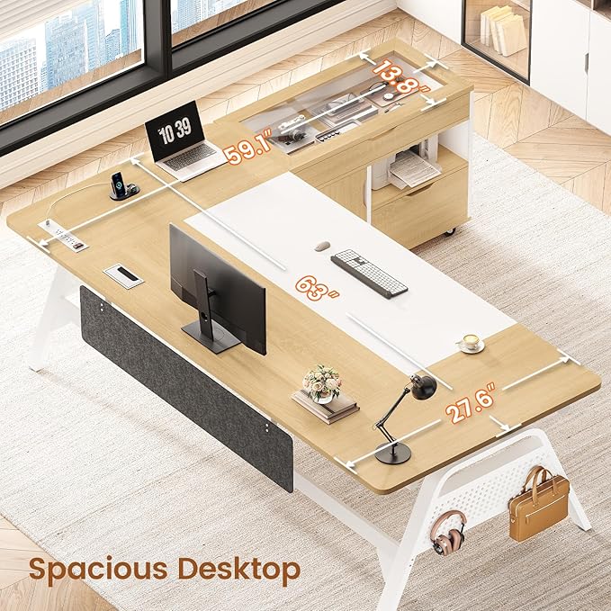 SEDETA L Shaped Computer Desk with Mobile File Cabinet & Power Outlets, Executive Home Office Desk with Storage Drawers, Pegboard, Cable Management, Reversible L Desk for Work & Gaming, White + Oak