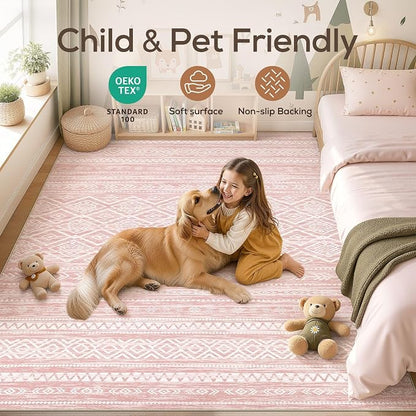 Nakagishi Area Rug Living Room Rugs: 6x9 Large Soft Machine Washable Boho Moroccan FarmNeutral Stain Resistant Indoor Floor Carpet for Bedroom Under Dining Table Home Office Decor-Pink